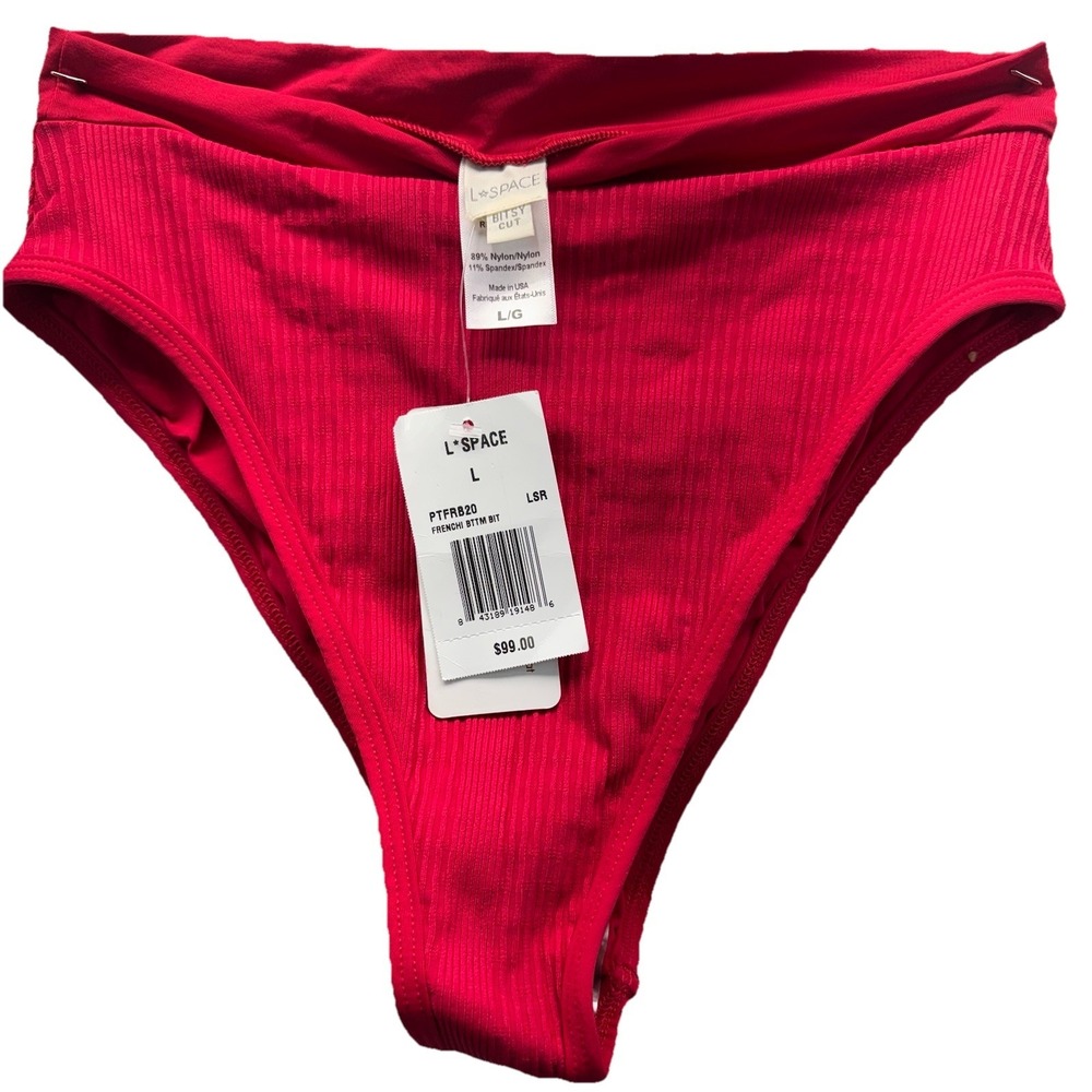L*Space Red Frenchi Bikini Bottom Bitsy Large Ribbed High Cut NWT